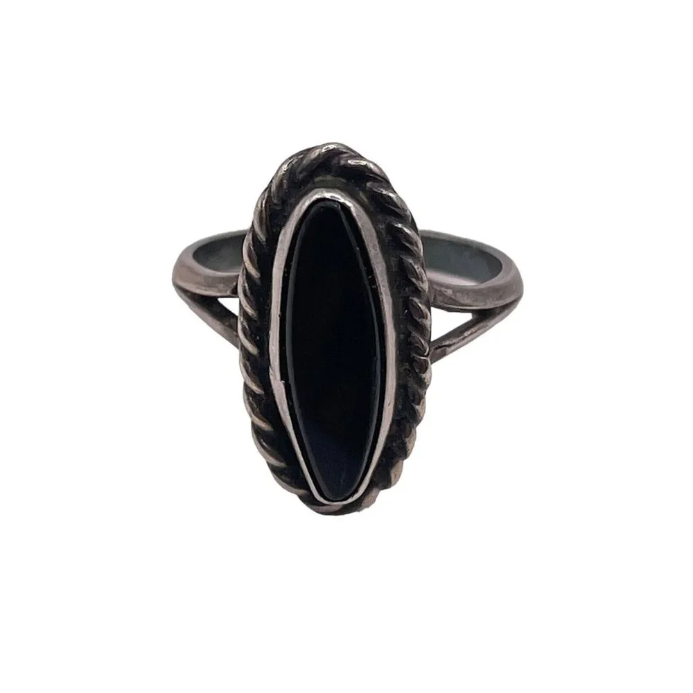 Sterling Silver 925 Ring Black Onyx Southwest Rope Woven Ring Handmade Size 4.75